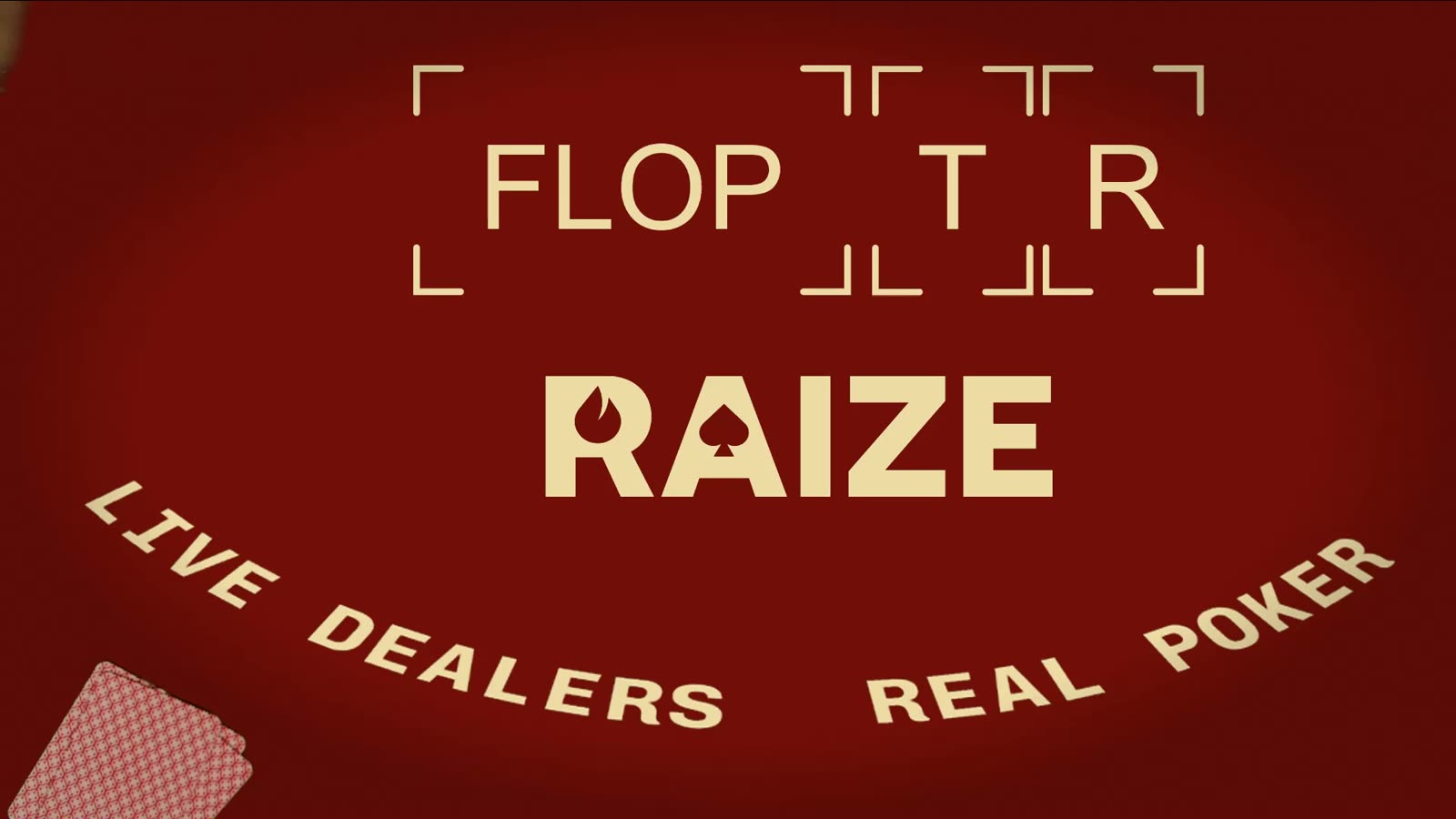 Overhead view of a red poker felt in the RAIZE studio as the dealer lays the board cards